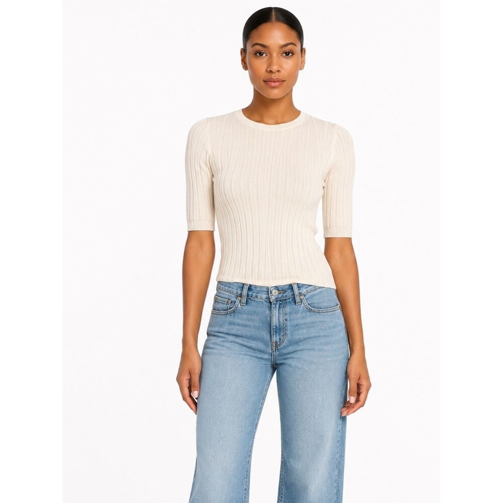 Banana Republic 100% Merino Wool Ivory Ribbed Knit Elbow Sleeve Top S